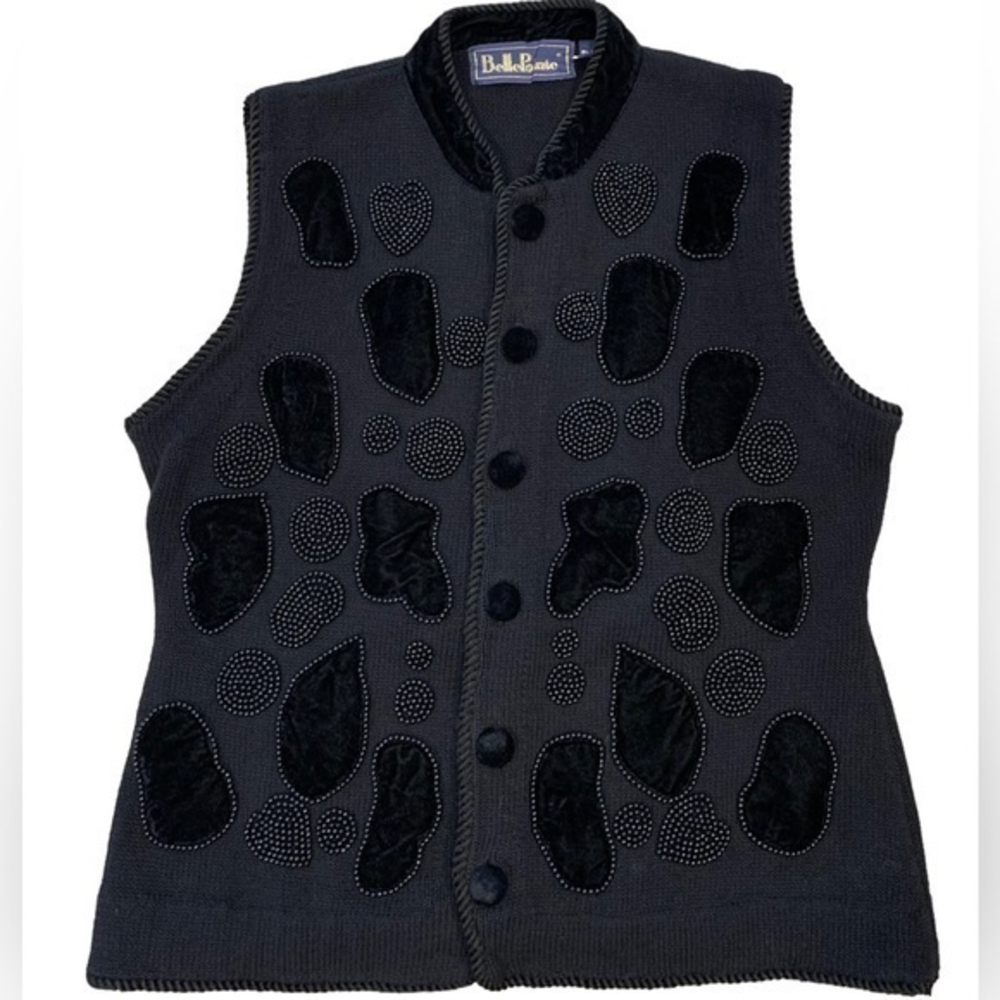 Belle Pointe Womens Vest Sweater Large Black Beads Hearts Contrast‎ Trim Knit